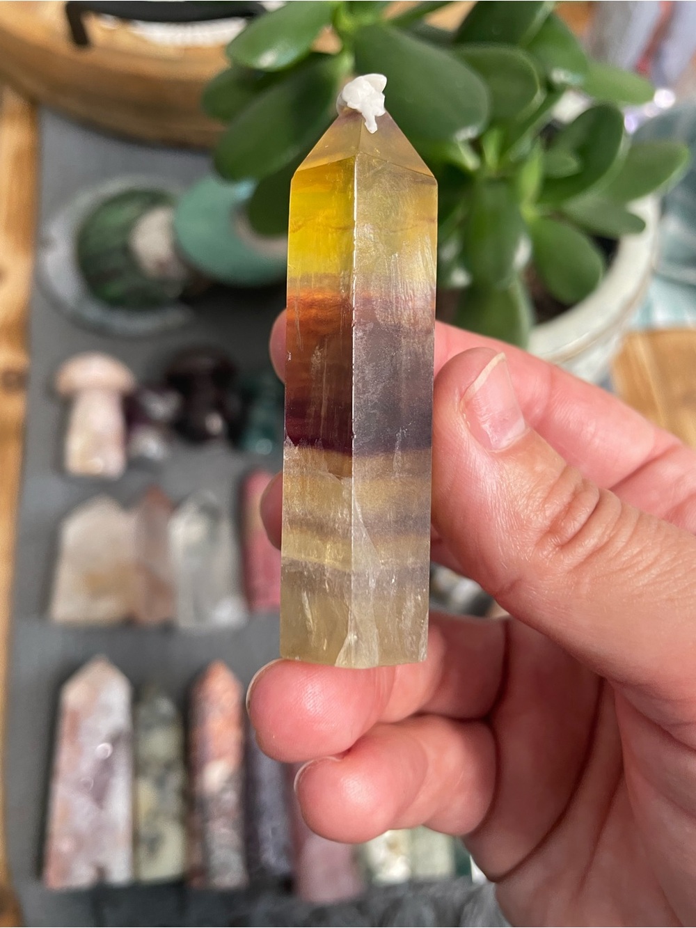 Rainbow Fluorite Point Tower - Yellow, Purple, Brown Bands.